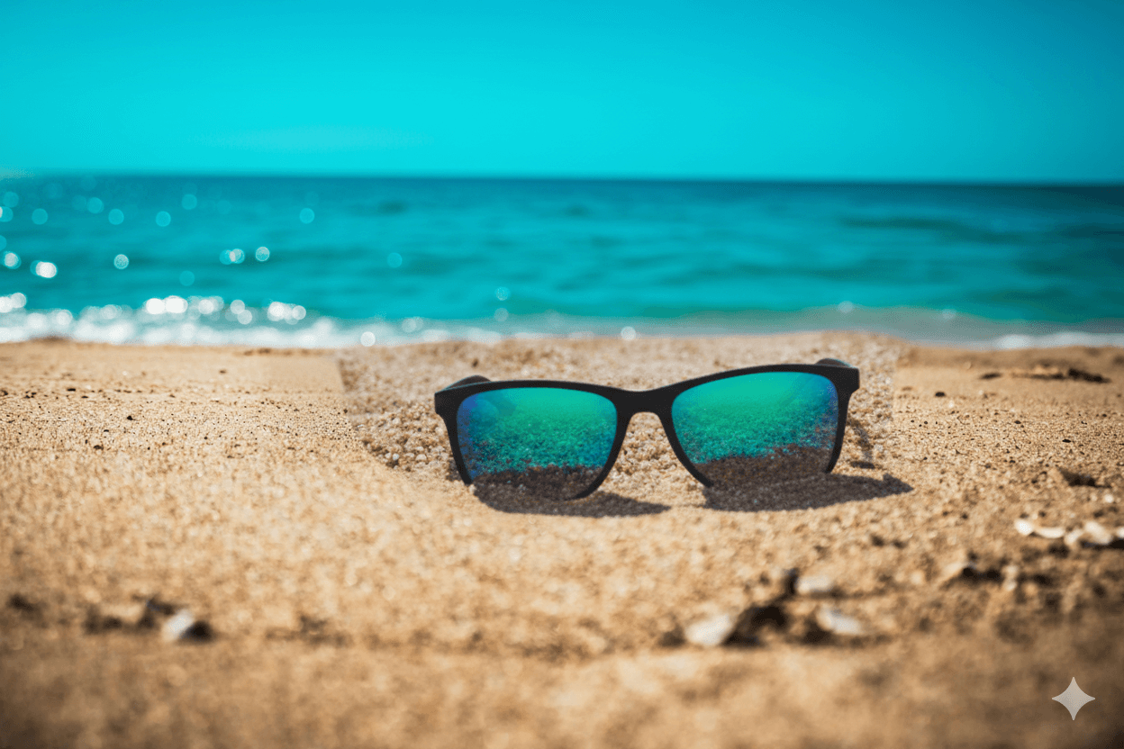 glasses on the sand of a beach