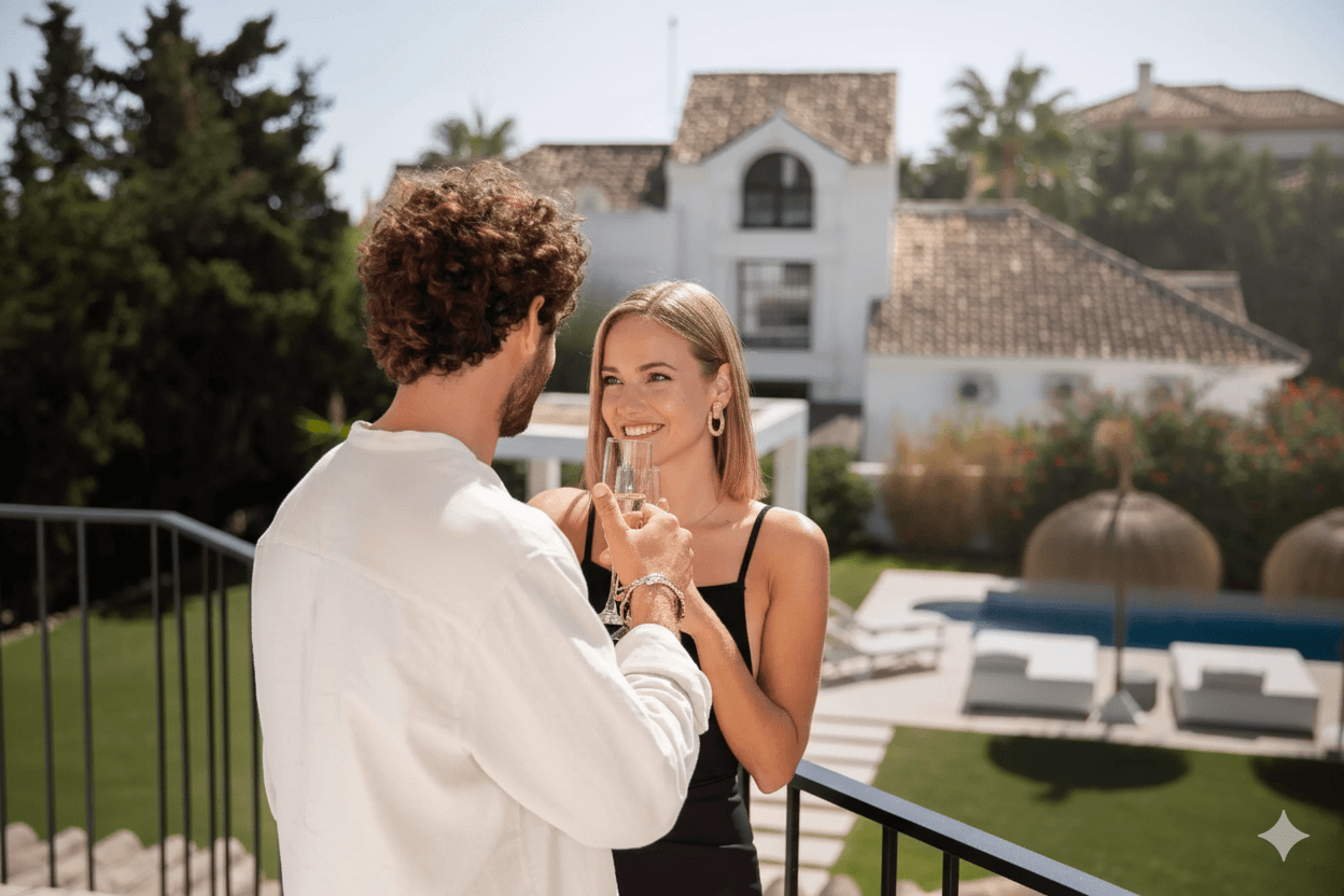 Couple toasting on a terrace
